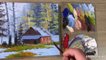 a painting of a house in the woods is being made by animatica