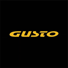 a yellow logo on a black background that says gusto on it .