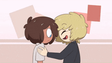 a cartoon of a boy kissing another boy 's head