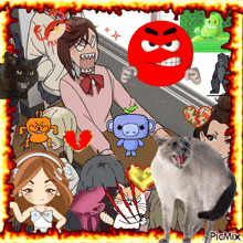 a collage of cartoon characters including a cat and an angry face