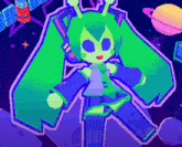 a pixel art drawing of a girl with green ears and a planet in the background