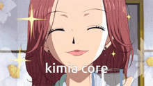 a girl with red hair is smiling and holding a glass of water with the words kimia core below her