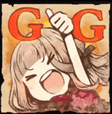 a cartoon of a girl giving a thumbs up with the letters gg behind her
