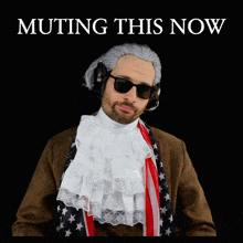 a man in a wig and sunglasses with the words muting this now behind him