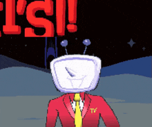 a pixel art of a man in a suit and tie with a tv head