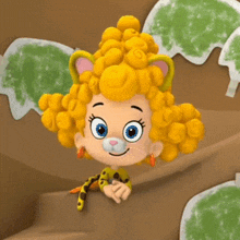 a cartoon character with curly hair and a leopard outfit is smiling