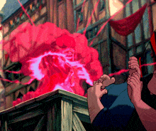 a cartoon of a man being tickled by a woman with pink smoke coming out of her mouth