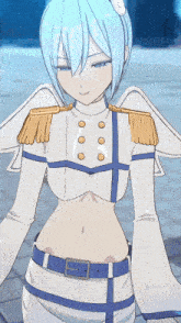 a girl with blue hair is wearing a white top with gold trim