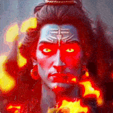 a painting of a man with red eyes and a symbol on his head