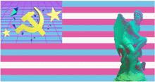 a flag with a hammer and sickle and a statue with wings