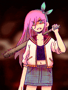 a cartoon girl with pink hair is holding a baseball bat