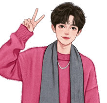 a young man wearing a pink sweater and a scarf giving a peace sign