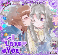 a picture of a girl kissing another girl with the words " i love you " on it