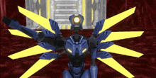 a blue robot with yellow wings stands in front of a building