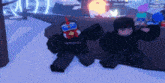 two cartoon characters are sitting in the snow with a chicken on their head .