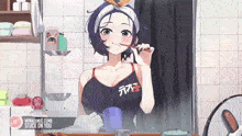a girl is brushing her teeth in front of a mirror with the words " stuck on you " on the bottom right