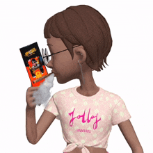 a girl wearing a jolly imperial t-shirt is holding a box