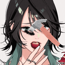 a drawing of a girl with a hammer in her eye and a heart in her mouth