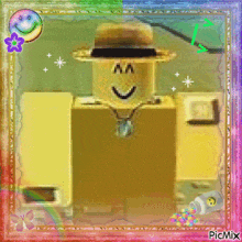 a picture of a roblox character with a smiley face and a rainbow frame