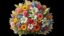 a bouquet of colorful flowers including roses and lilies