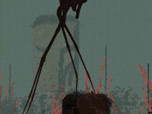 a silhouette of a monster with a yellow eye standing on top of a rock .