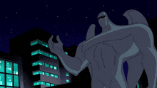 a cartoon character is holding a hammer in front of a city at night