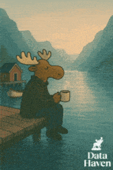 an illustration of a moose sitting on a dock with a cup of coffee