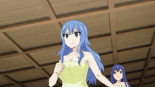 a girl with blue hair is standing next to a girl with blue hair