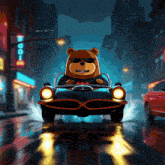 a cartoon of a bear driving a batman car