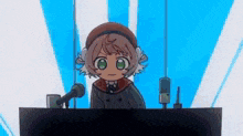a cartoon girl is sitting at a table with a microphone in front of her .