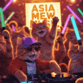a group of cats are playing music in front of a sign that says asia mew