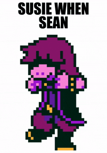 a pixel art drawing of susie when sean with purple hair