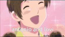 a gif of antonio and lovi is displayed on a pink background