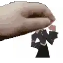 a pixel art of a hand holding a cartoon character 's head .