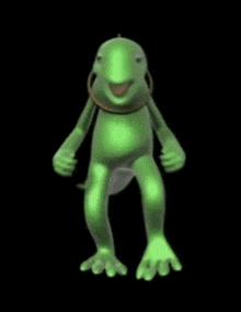 a green frog is dancing on a black background and smiling .
