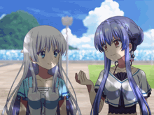 two anime girls are standing next to each other and one has blue hair