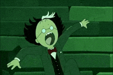 a cartoon character in a suit and bow tie is screaming while sitting on a green staircase .