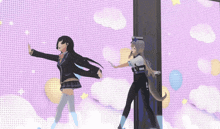 two anime characters are dancing in front of a pink background