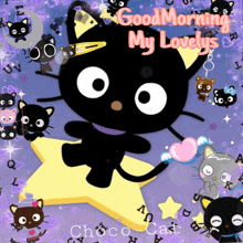 a black cat sitting on a star with the words good morning my lovelys