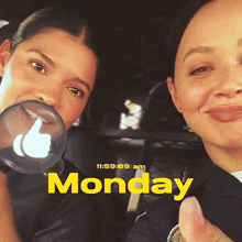 a woman blowing a bubble next to another woman with the word monday on the bottom