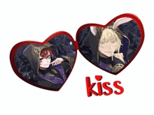 a couple of hearts with the word kiss in red