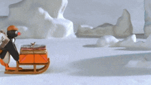 a penguin is pulling a sled full of newspapers and gifts