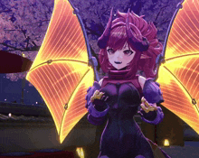 a girl with horns and wings is standing in front of a building