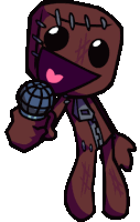 a cartoon character is holding a microphone with stitches on his face