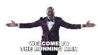 a man in a purple tuxedo with his arms outstretched says welcome to the running man