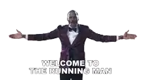 a man in a purple tuxedo with his arms outstretched says welcome to the running man