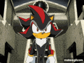 shadow the hedgehog from the video game sonic the hedgehog is standing in front of a building