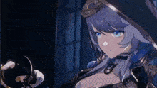 a girl with blue hair and blue eyes is holding a sword in a video game .