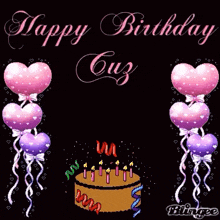 a happy birthday card with balloons and a cake with candles