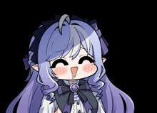 a cartoon drawing of a girl with long purple hair and a bow
